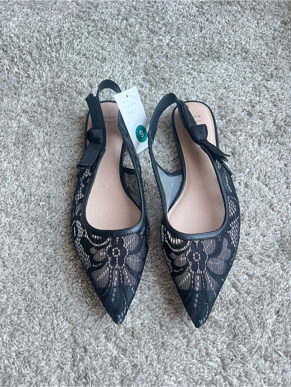 a new day Black Lace Pointed Slingback Flats. Size 9